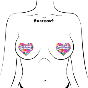  Illustration showing "Tits Your Birthday!" confetti heart pasties by Pastease applied on a minimalist model. These nipple covers are handcrafted in the USA, designed to celebrate every breast shape and size. Fun, bold, and perfect for festive occasions.