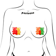 Load image into Gallery viewer, Illustrated image showing Pastease® Gummy Bear Breast Pasties in Red and Yellow on one side, Orange and Green on the other. Playful and unique nipple covers for self-expression, designed for all breast sizes, perfect for fun nights or cheeky occasions.
