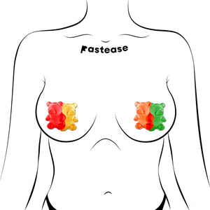 Illustrated image showing Pastease® Gummy Bear Breast Pasties in Red and Yellow on one side, Orange and Green on the other. Playful and unique nipple covers for self-expression, designed for all breast sizes, perfect for fun nights or cheeky occasions.