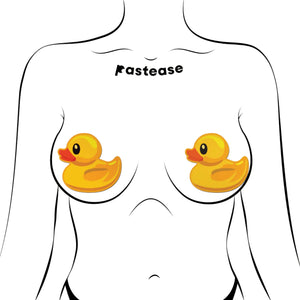  Pastease® Rubber Duck Breast Pasties modelled on a figure, showing their playful yet secure fit. Perfect for expressing individuality at festivals, parties, or events. A vibrant choice from this USA-based family business.