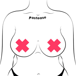 Illustration of a person wearing the Plus X Glow-in-the-Dark Neon Pink Cross Pasties Nipple Covers by Pastease®. The pasties are placed over the nipples, showcasing the cross shape and how they fit on the chest.