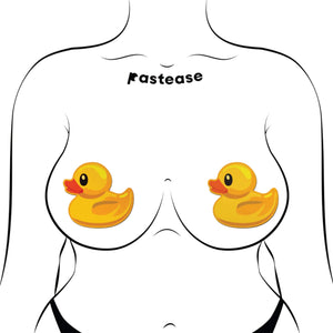 Pastease® Rubber Duck Breast Pasties on a model with a playful yet stylish aesthetic. Designed for all shapes and sizes, they are perfect for costumes, raves, or lingerie. Created by a family business manufacturing in the USA.