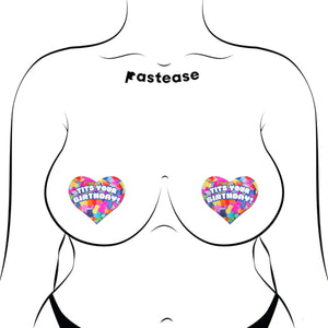 A sultry illustration of "Tits Your Birthday!" heart-shaped confetti pasties by Pastease on a model. Fun, flirty nipple covers for all breast shapes, handcrafted in the USA. Ideal for festive celebrations and birthday surprises.