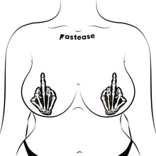 Load image into Gallery viewer, Glow-in-the-dark white and black Middle Finger Skeleton Hand Pasties by Pastease modelled on a silhouette. Designed to fit all breast sizes, these bold nipple covers are perfect for fun nights or statement looks. Handmade in the USA by a small family business.
