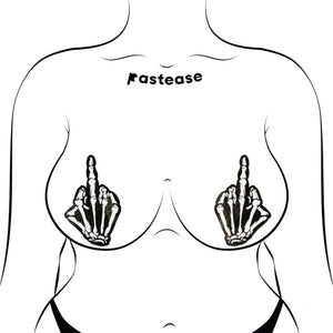 Glow-in-the-dark white and black Middle Finger Skeleton Hand Pasties by Pastease modelled on a silhouette. Designed to fit all breast sizes, these bold nipple covers are perfect for fun nights or statement looks. Handmade in the USA by a small family business.