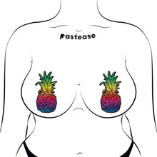 Load image into Gallery viewer, Rainbow Pineapple Sparkling Breast Pasties by Pastease® on a model with a sultry style, showcasing the bright, glittery pineapple design. Designed for comfort and bold fun, these waterproof nipple covers suit all breast shapes and sizes, perfect for any occasion.
