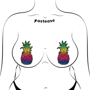 Rainbow Pineapple Sparkling Breast Pasties by Pastease® on a model with a sultry style, showcasing the bright, glittery pineapple design. Designed for comfort and bold fun, these waterproof nipple covers suit all breast shapes and sizes, perfect for any occasion.