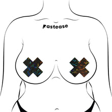 Load image into Gallery viewer, Illustration of a figure wearing the Pastease Plus X: Shattered Glass Disco Ball Glitter Black Cross Nipple Pasties with added detail of underwear. The black glitter pasties shine with holographic hues, celebrating unique self-expression.
