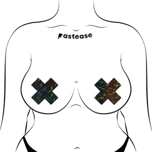 Illustration of a figure wearing the Pastease Plus X: Shattered Glass Disco Ball Glitter Black Cross Nipple Pasties with added detail of underwear. The black glitter pasties shine with holographic hues, celebrating unique self-expression.