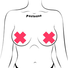 Load image into Gallery viewer, Front-facing illustration of a person modelling the Plus X Glow-in-the-Dark Neon Pink Cross Pasties Nipple Covers by Pastease®. The nipple covers sit snugly, highlighting their body-conforming fit and vibrant neon pink glow.
