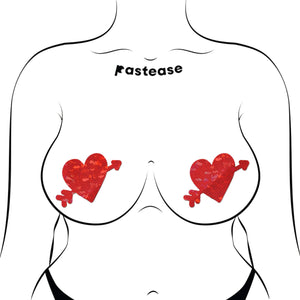 Illustration of Pastease® Cupid's Arrow Red Heart Breast Pasties worn on a fuller bust. The disco red sparkle design with an arrow creates a bold, flirty look. Comfortable, easy to wear, and perfect for any breast size. Handmade by Pastease® in the USA.