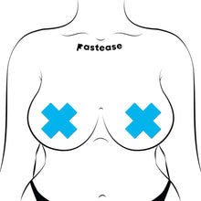 Load image into Gallery viewer, Illustrated close-up of a curvier model wearing Pastease Plus X Neon Turquoise Cross Pasties. The bold turquoise nipple covers glow in the dark, making a confident and stylish statement for every body shape.
