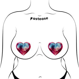 Discoball Heart Breast Pasties Sparkling Blue & Pink by Pastease® modelled on a curvy illustrated figure. Glittering hearts designed to celebrate self-expression and body confidence. Perfect for nights out or festival fun, they fit all breast shapes comfortably.