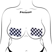 Load image into Gallery viewer, Another angle of an illustrated mannequin modelling the Pastease Checkered Flag Racing Breast Pasties. With a bold black and white flag design, these glittery nipple covers are perfect for celebrating in style while embracing comfort and creativity.
