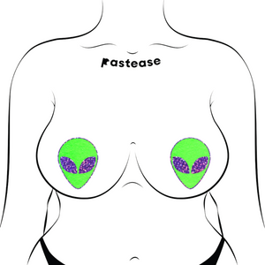 Alien: Neon Green/Glow in the Dark with Glittering Black Eyes Nipple Pasties by Pastease®. Two green extraterrestrial heads with glitter eyes nipple covers shown on a femme body outline for size reference on a white background.
