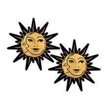 Load image into Gallery viewer, Sunburst: Sun &amp; Moon Faces on Gold Glitter Sun Nipple Pasties by Pastease®. Two glittery gold and black nipple covers in the shape of a sun and moon, shown on a white background. Perfect for a festival, burlesque performance, pride or parties.
