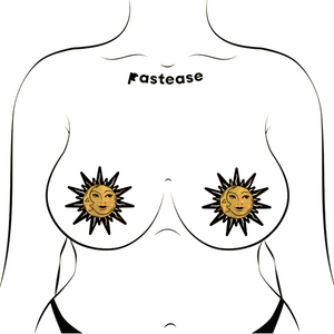 Sunburst: Sun & Moon Faces on Gold Glitter Sun Nipple Pasties by Pastease®. Two glittery gold and black nipple covers in the shape of a sun and moon, shown on drawing of chest. Perfect for a festival, burlesque performance, pride or parties.