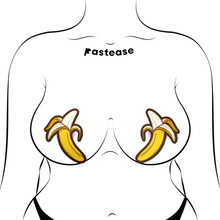 Load image into Gallery viewer, The Banana Pasties Long Yellow Nipple Covers by Pastease®. Two bananas being peeled open nipple covers shown on a femme body outline on a white background. Perfect for a festival, burlesque performance, drag shows, pride or parties.
