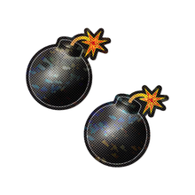 Load image into Gallery viewer, Bomb Nipple Pasties with Lit Fuse by Pastease®. Two glittery nipple covers in the shape of a bomb with a lit fuse, shown on a white background. Perfect for a festival, burlesque performance, pride or parties.
