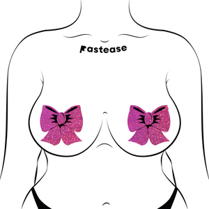 Glittering Hot Pink Bow Nipple Pasties by Pastease®. Two bright pink sparkly big bow shaped nipple covers shown on a femme body outline for size reference on a white background.