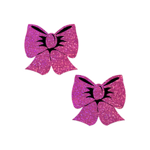 Load image into Gallery viewer, Glittering Hot Pink Bow Nipple Pasties by Pastease®. Two bright pink sparkly big bow shaped nipple covers shown on a white background. Perfect for festivals, pride, burlesque, raves, only fans content or parties.
