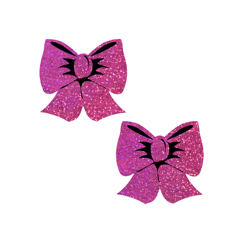 Glittering Hot Pink Bow Nipple Pasties by Pastease®. Two bright pink sparkly big bow shaped nipple covers shown on a white background. Perfect for festivals, pride, burlesque, raves, only fans content or parties.