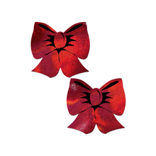 Load image into Gallery viewer, Bow: Holographic Red Bows Nipple Pasties by Pastease®. Two red glittery bow shaped nipple covers, shown on a white background. Perfect for a festival, Christmas, burlesque performance, pride or parties.
