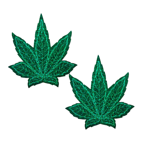 Coverage: Pot Leaf Glitter Green Full Breast Covers Support Tape by Pastease®. Two green glittery weed leaf shaped nipple covers on a white background. Perfect for a festival, pride, burlesque performance, only fans content, 420 or a party.