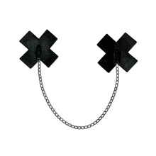 Load image into Gallery viewer, The Chains: Liquid Black Plus X Cross with Chunky Silver Chain Nipple Pasties by Pastease®. Two shiny black cross plus X shaped nipple covers with a chunky silver chain connecting them together on a white background. Perfect for a festival, pride, burlesque or party.
