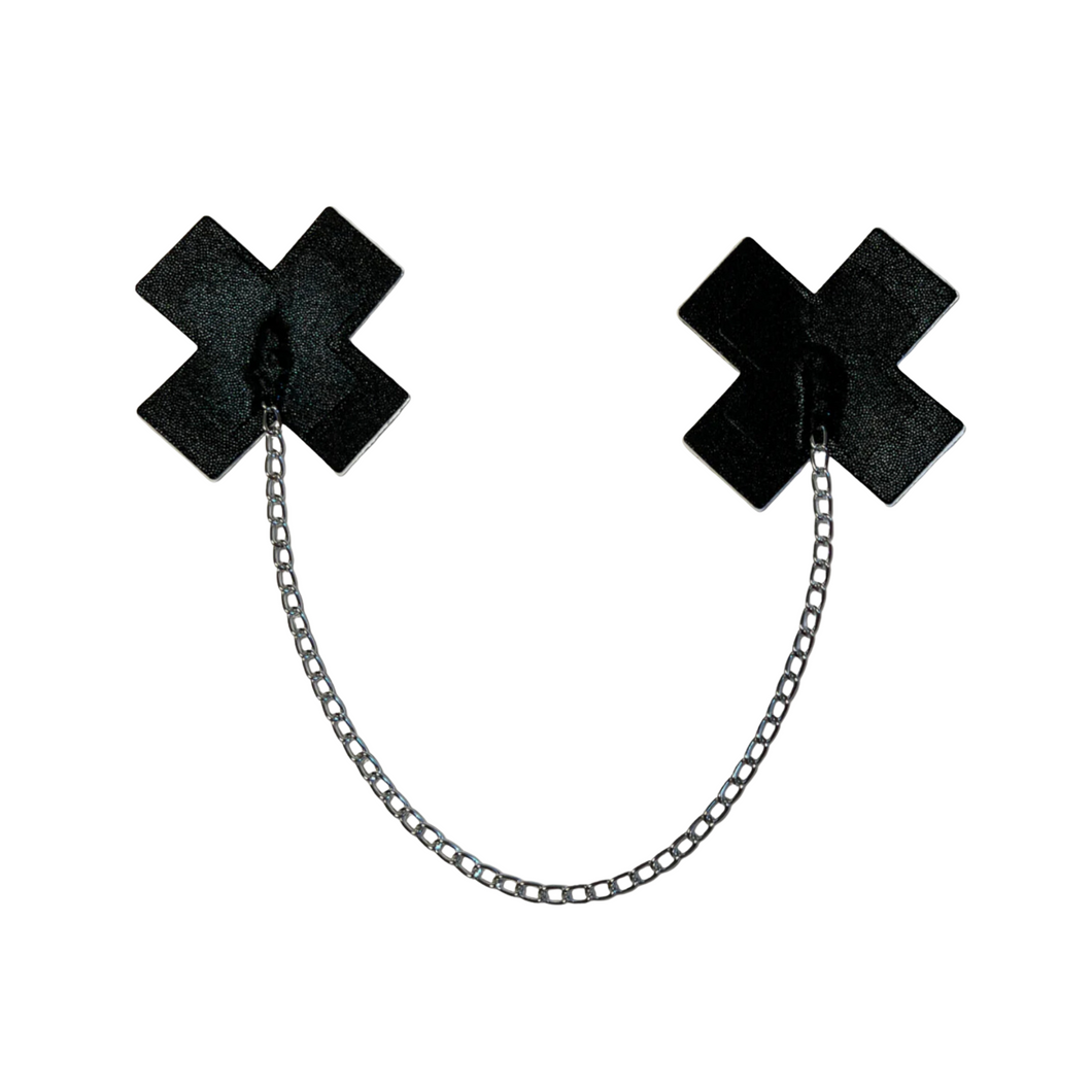 The Chains: Liquid Black Plus X Cross with Chunky Silver Chain Nipple Pasties by Pastease®. Two shiny black cross plus X shaped nipple covers with a chunky silver chain connecting them together on a white background. Perfect for a festival, pride, burlesque or party.