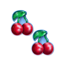 Load image into Gallery viewer, The Cherry: Red Cherries on Glitter Velvet Nipple Pasties by Pastease. Two bright red cherries made from glittery velvet with green stems and leaf on a white background. Perfect for a festival, pride, burlesque performance, only fans content or a party.
