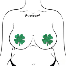 Load image into Gallery viewer, The Four Leaf Clover: Glittering Green Shamrocks Nipple Pasties by Pastease® shown on a femme body outline for size reference on a white background. Two green glitter four leaf clover nipple covers. Perfect for a festival, burlesque performance, drag shows, pride or parties.
