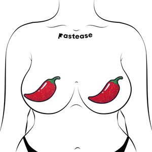 Chilli Pepper Pasties in Spicy Red by Pastease. Two sparkly glitter red chilli pepper shaped nipple covers shown on a femme body outline for size reference on a white background.