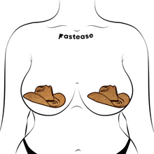 Load image into Gallery viewer, The Wild West Brown Suede Cowboy Hat Nipple Pasties Stylish Nipple Covers by Pastease®. Two suede brown cowboy hat shaped nipple covers shown on a femme body outline for size reference on a white background. Perfect for a festival, burlesque performance, pride or parties.
