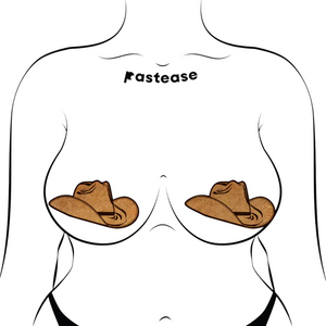 The Wild West Brown Suede Cowboy Hat Nipple Pasties Stylish Nipple Covers by Pastease®. Two suede brown cowboy hat shaped nipple covers shown on a femme body outline for size reference on a white background. Perfect for a festival, burlesque performance, pride or parties.