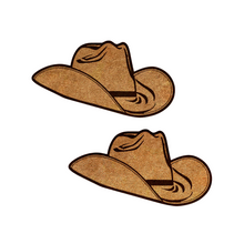 Load image into Gallery viewer, The Wild West Brown Suede Cowboy Hat Nipple Pasties Stylish Nipple Covers by Pastease®. Two suede brown cowboy hat shaped nipple covers on a white background.  Perfect for a festival, burlesque performance, pride or parties.
