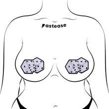 Load image into Gallery viewer, The Fuzzy Dice Pasties Pair of Dice Nipple Covers by Pastease shown on a femme body outline for size reference on a white background. Two velvet glitter sparkle dice pairs of nipple covers with black dots and outlines. Perfect for a festival, burlesque performance, drag shows, pride or parties.

