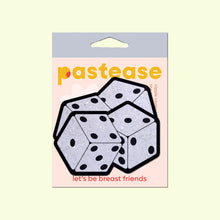 Load image into Gallery viewer, The Fuzzy Dice Pasties Pair of Dice Nipple Covers by Pastease in the pale pastease cellophane packet on a pastel yellow background. Two velvet glitter sparkle dice pairs of nipple covers with black dots and outlines. Perfect for a festival, burlesque performance, drag shows, pride or parties.
