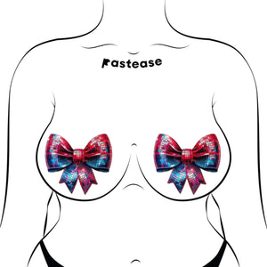 Pastease Disco Ball Bow Sparkling Breast Pasties, shown modelled on a human illustration, feature a sparkly red and blue sequin design. Reusable and skin-safe, these nipple covers by a family-operated USA brand bring playful glamour to any outfit or occasion.