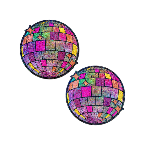 a pair of disco ball nipple covers on a white background. The disco balls are holographic with pinks, purples, yellow, orange and green hues and sparkles.