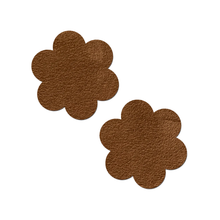 Load image into Gallery viewer, Everyday Reusable: Suede Cocoa Dark Brown Flower with Mini Hearts Reusable Nipple Pasties by Pastease® Everyday o/s. Two dark brown flower shaped nipple covers shown on a white background. Perfect for a festival, burlesque performance, pride, parties or everyday!
