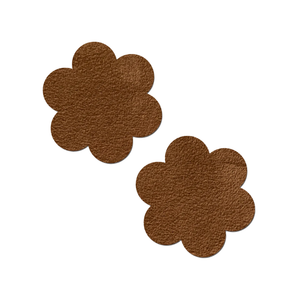 Everyday Reusable: Suede Cocoa Dark Brown Flower with Mini Hearts Reusable Nipple Pasties by Pastease® Everyday o/s. Two dark brown flower shaped nipple covers shown on a white background. Perfect for a festival, burlesque performance, pride, parties or everyday!