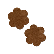 Everyday Reusable: Suede Cocoa Dark Brown Flower with Mini Hearts Reusable Nipple Pasties by Pastease® Everyday o/s. Two dark brown flower shaped nipple covers shown on a white background. Perfect for a festival, burlesque performance, pride, parties or everyday!