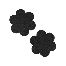 Load image into Gallery viewer, Everyday Reusable: Onyx Flat Black Suede Flower with Mini Hearts Reusable Nipple Pasties by Pastease® Everyday o/s. Two black flower shaped nipple covers on a white background. Perfect for festivals, pride, burlesque, raves, only fans content, parties or everyday.
