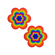 Load image into Gallery viewer, Daisy: Velvet Rainbow Pumping Daisy Nipple Pasties by Pastease®. Two glittery rainbow coloured flower shaped nipple covers on white background. Perfect for a festival, burlesque performance, pride or parties!
