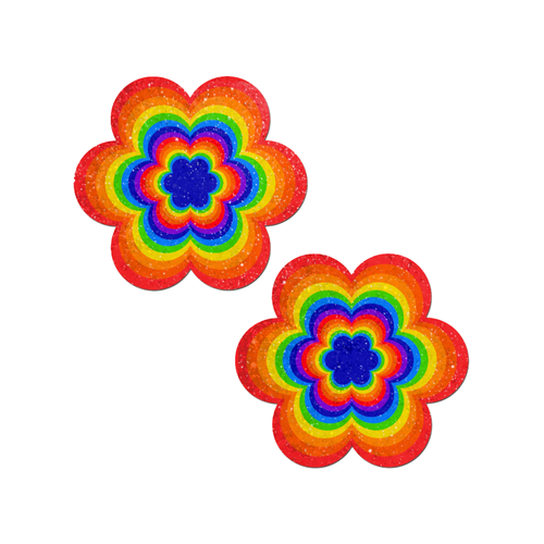 Daisy: Velvet Rainbow Pumping Daisy Nipple Pasties by Pastease®. Two glittery rainbow coloured flower shaped nipple covers on white background. Perfect for a festival, burlesque performance, pride or parties!