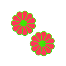 Load image into Gallery viewer, The Daisy: Neon Green &amp; Glow in the Dark Neon Pink Petal Pasties Nipple Covers by Pastease®. Two neon coral pink with green outlines coloured flower shaped nipple covers on white background. Perfect for a festival, burlesque performance, pride or parties.
