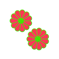 The Daisy: Neon Green & Glow in the Dark Neon Pink Petal Pasties Nipple Covers by Pastease®. Two neon coral pink with green outlines coloured flower shaped nipple covers on white background. Perfect for a festival, burlesque performance, pride or parties.