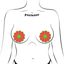 Load image into Gallery viewer, The Daisy: Neon Green &amp; Glow in the Dark Neon Pink Petal Pasties Nipple Covers by Pastease®. Two neon coral pink with green outlines coloured flower shaped nipple covers shown on a femme body outline for size reference on a white background. Perfect for a festival, burlesque performance, pride or parties.
