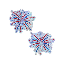 Load image into Gallery viewer, The Fireworks Pasties Star Explosion Glitter Nipple Covers by Pastease®. Two firework star explosion in blue, red and silver nipple covers on a white background. Perfect for new years eve, a festival, burlesque performance, pride or parties.
